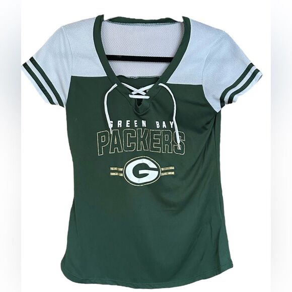 Green Bay Packers NFL Apparel Womens Jersey Green w Gold Sparkly Logo Sz Small. - Picture 1 of 6